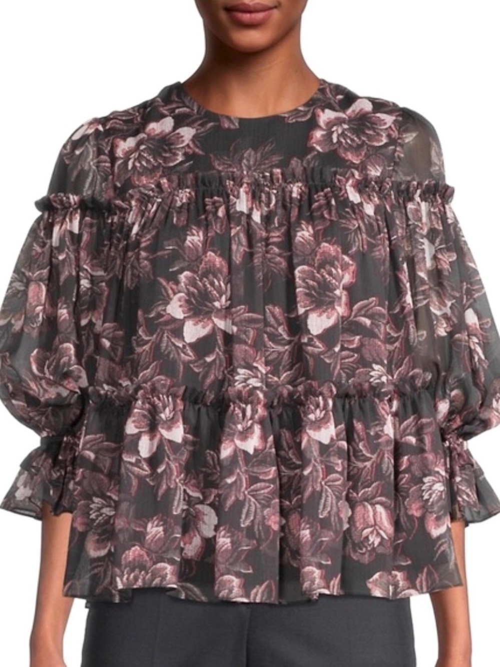 TED BAKER London Ballou Tiered Ruffle Black Floral Blouse Sz 8 (TB 3)